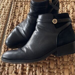 Tory Burch Black Leather Ankle Booties with Gold Logo Accent